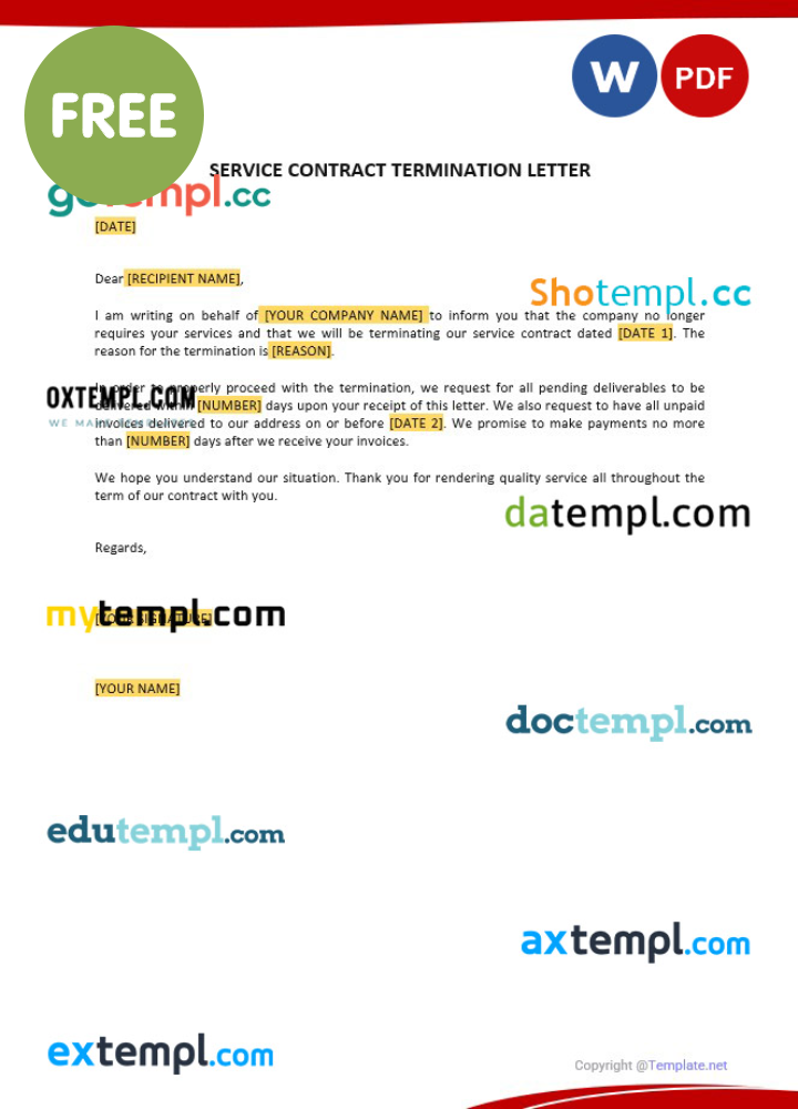 free download service contract termination letter example, Word and PDF format