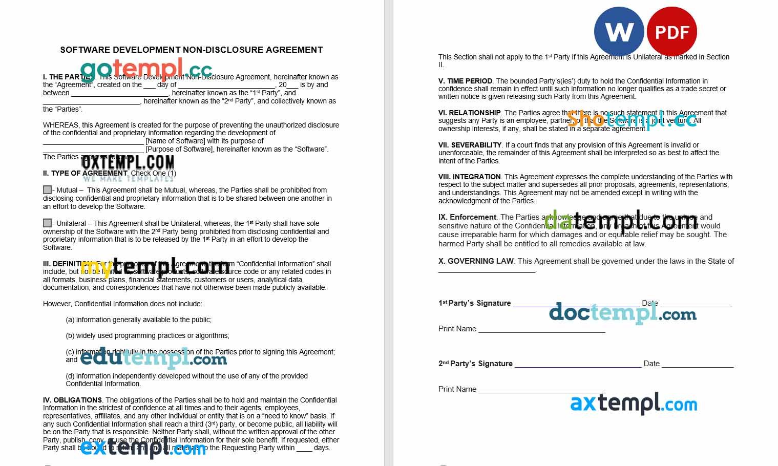 free download software development non-disclosure agreement NDA example, Word and PDF format