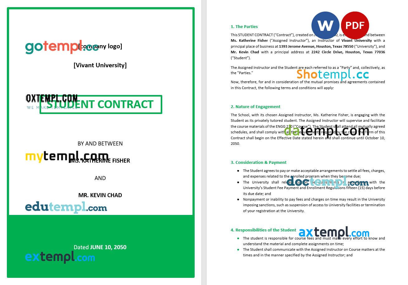 free download student contract example example, Word and PDF format