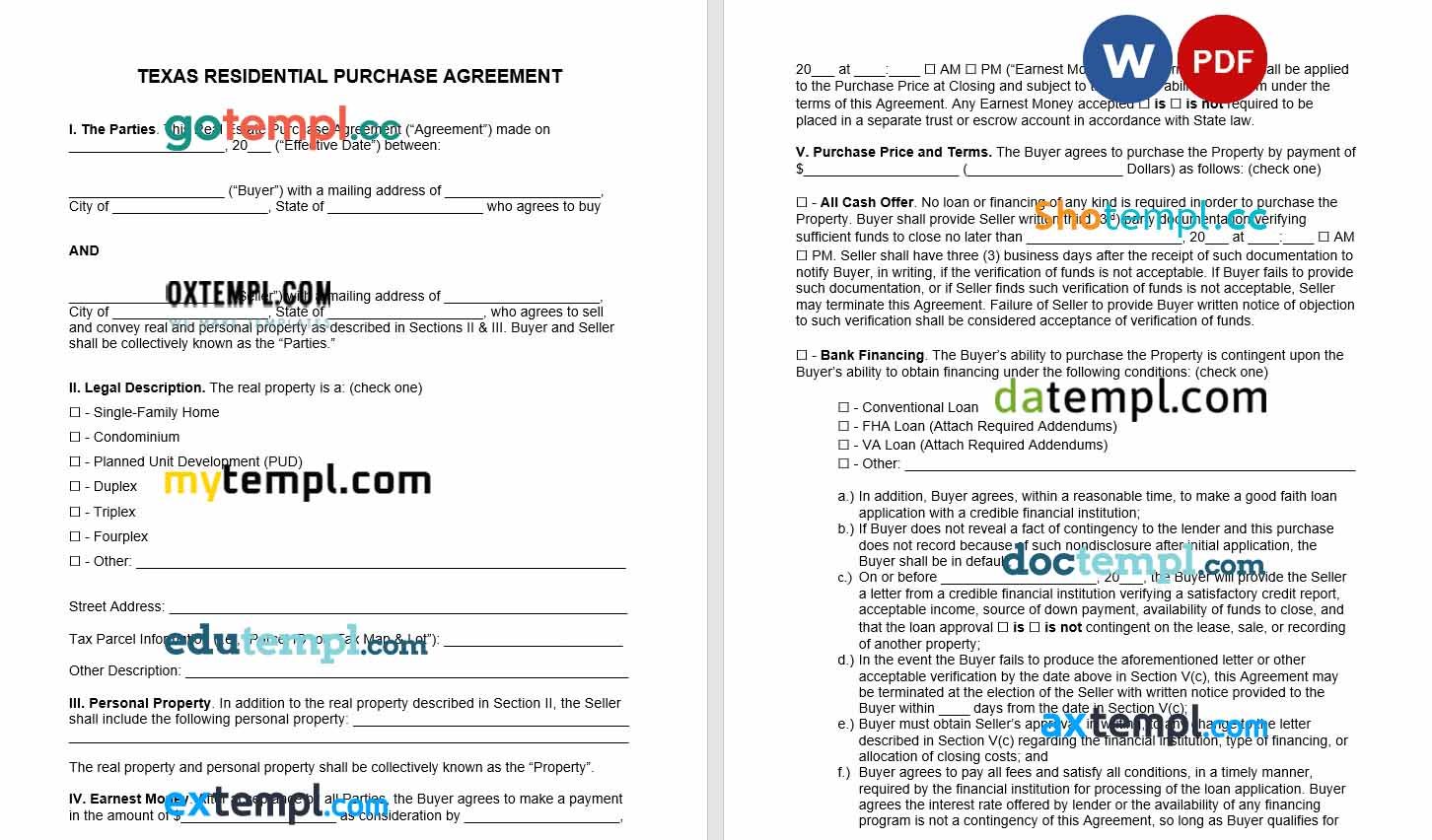 free download Texas residential real estate purchase agreement example, Word and PDF format