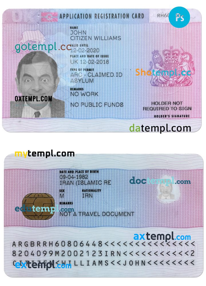 United Kingdom application registration card PSD example