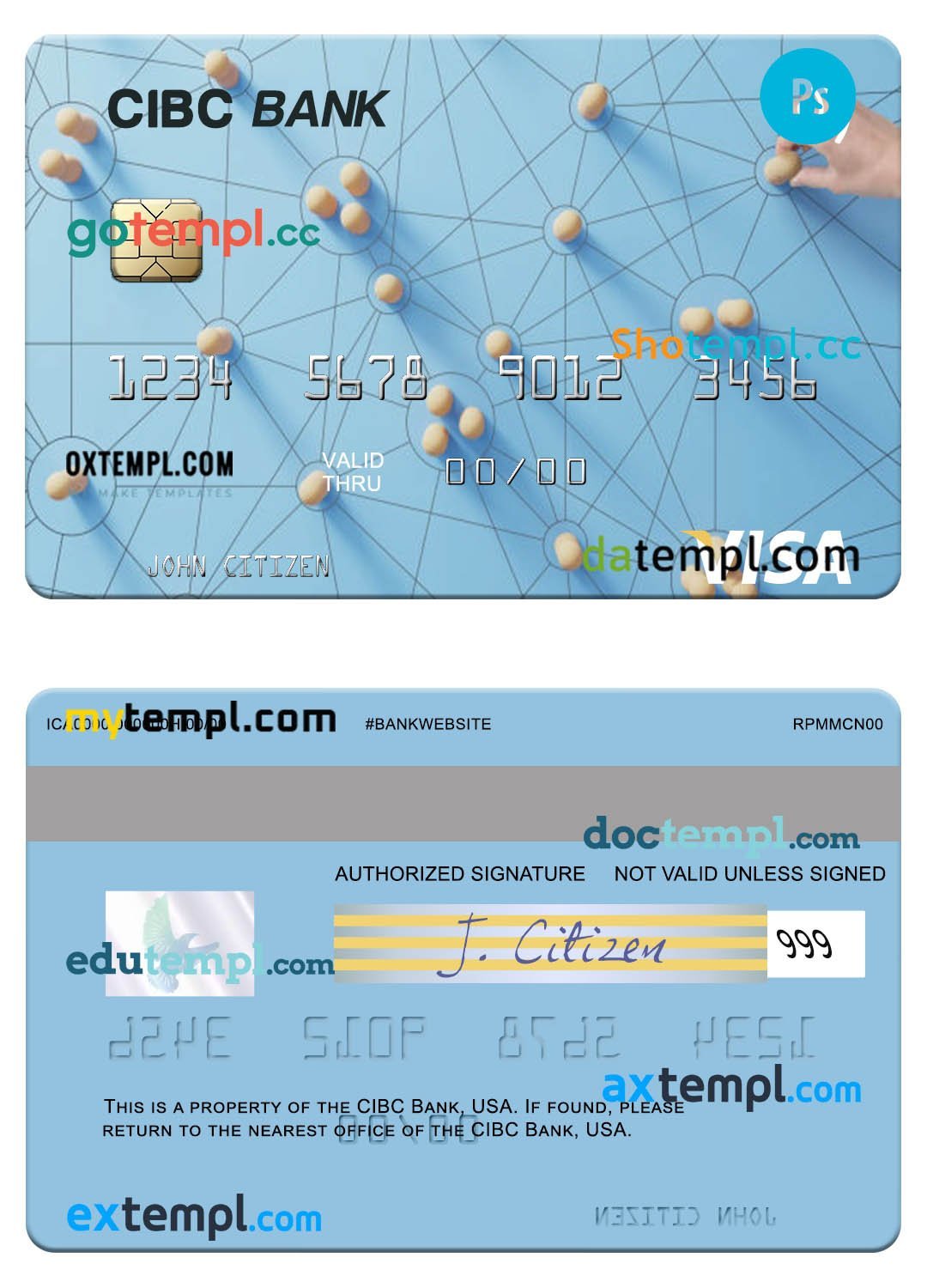 USA CIBC Bank visa card template in PSD format
