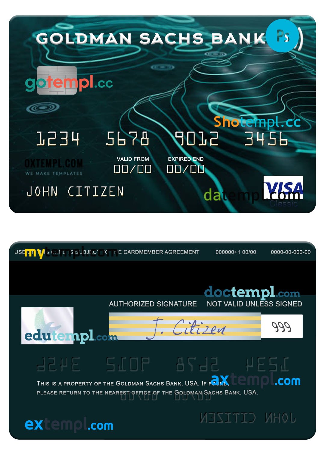 USA Goldman Sachs Bank visa card template in PSD format