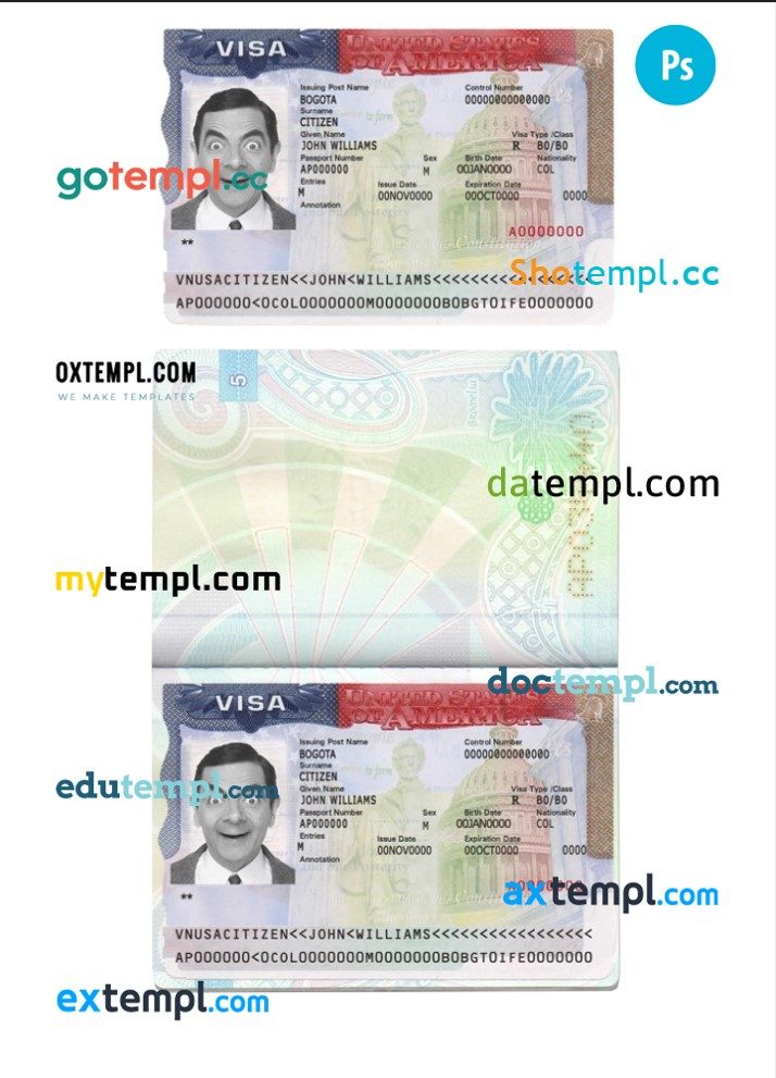 USA Tourist Visa example in PSD format, fully editable