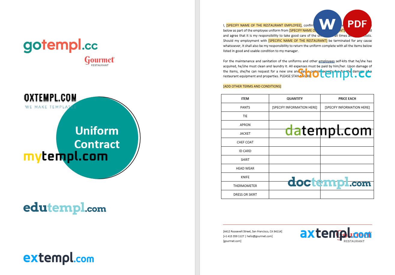 free download uniform contract example, Word and PDF format