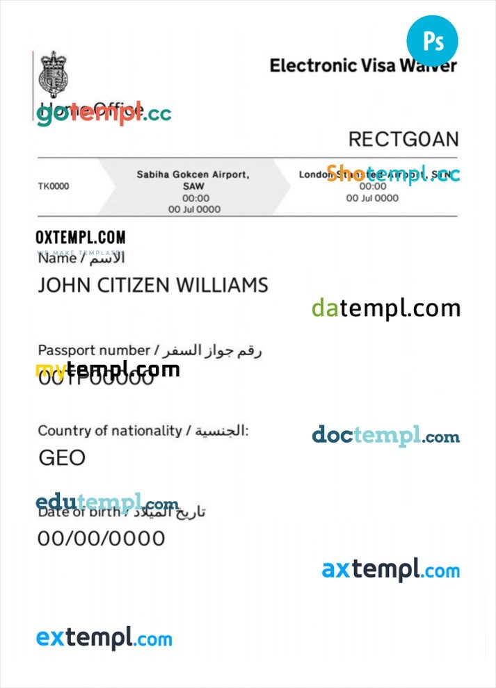 United Kingdom electronic visa waiver PSD example, fully editable