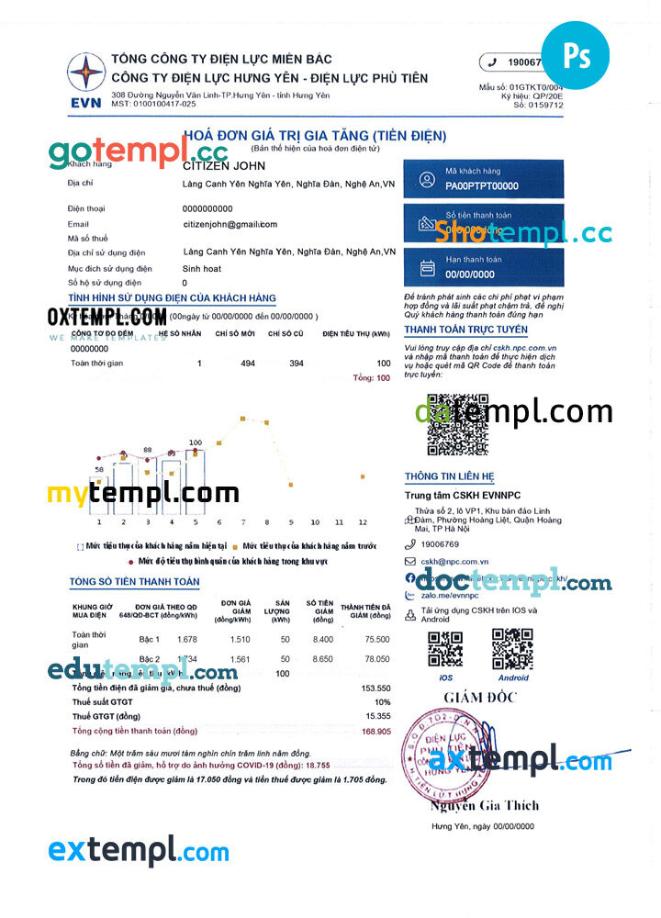 Vietnam EVN NPC TỔNG CÔNG TY ĐIỆN LỰC MIỀN BẮC - CÔNG TY ĐIỆN LỰC HƯNG YÊN - ĐIỆN LỰC PHÙ TIÊN electricity utility bill PSD template