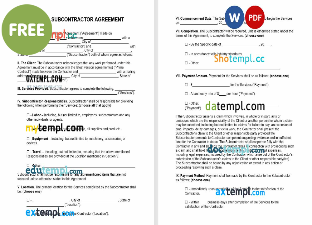 free download Virginia subcontractor agreement example, Word and PDF format