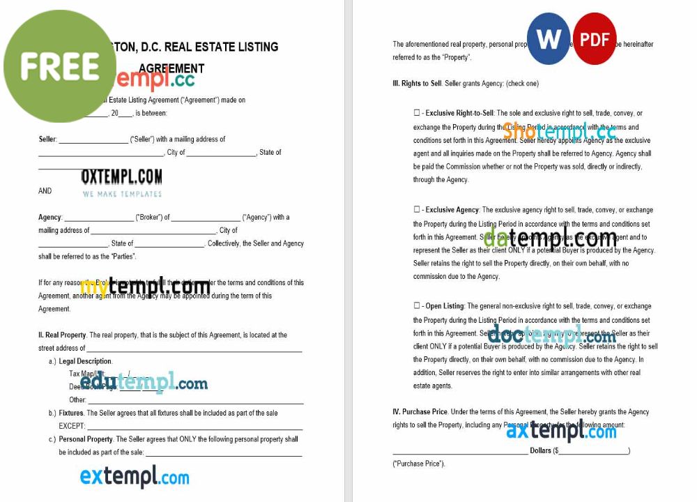 free download Washington D.C. real estate listing agreement example, Word and PDF format