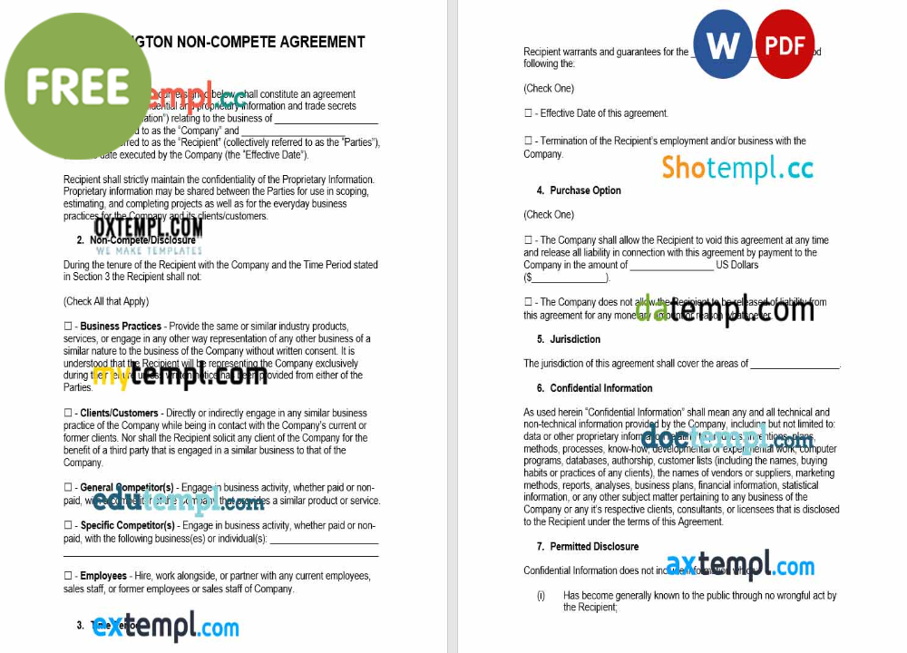free download Washington non-compete agreement example, Word and PDF format