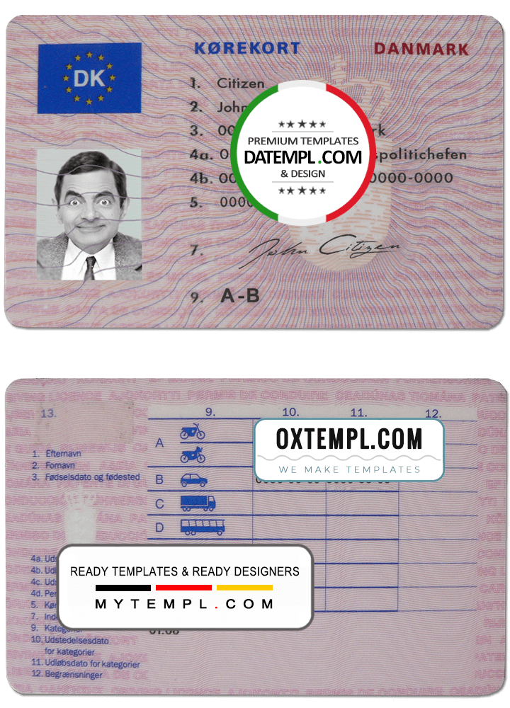 Danish driver license download example in PSD format, fully editable (1997 - 2013)
