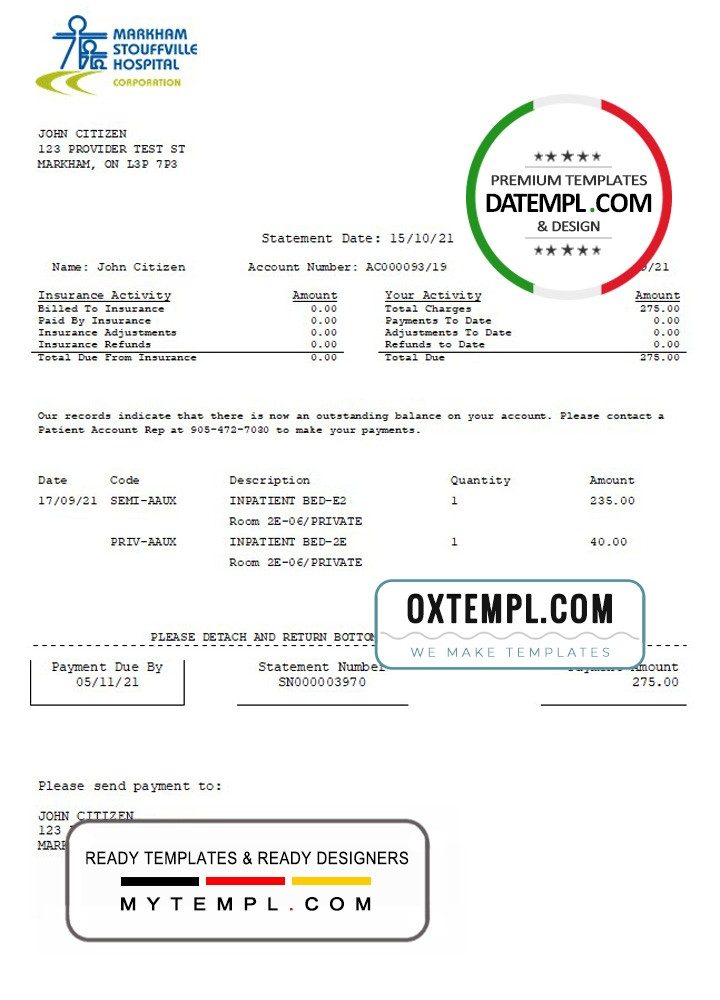 Canadian Markham Stouffville Hospital medical insurance statement example in .doc and .pdf format