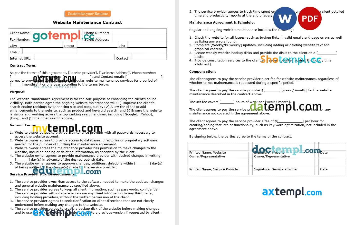 free download website maintenance contract example, Word and PDF format