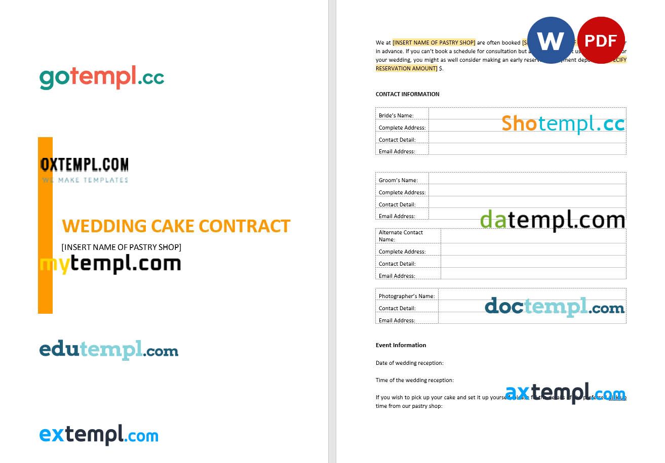 free download wedding cake contract example, Word and PDF format