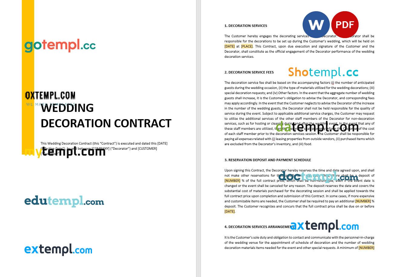 free download wedding decoration contract example, Word and PDF format
