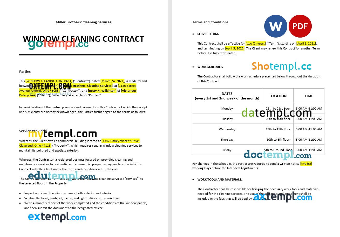 free download window cleaning contract example, Word and PDF format