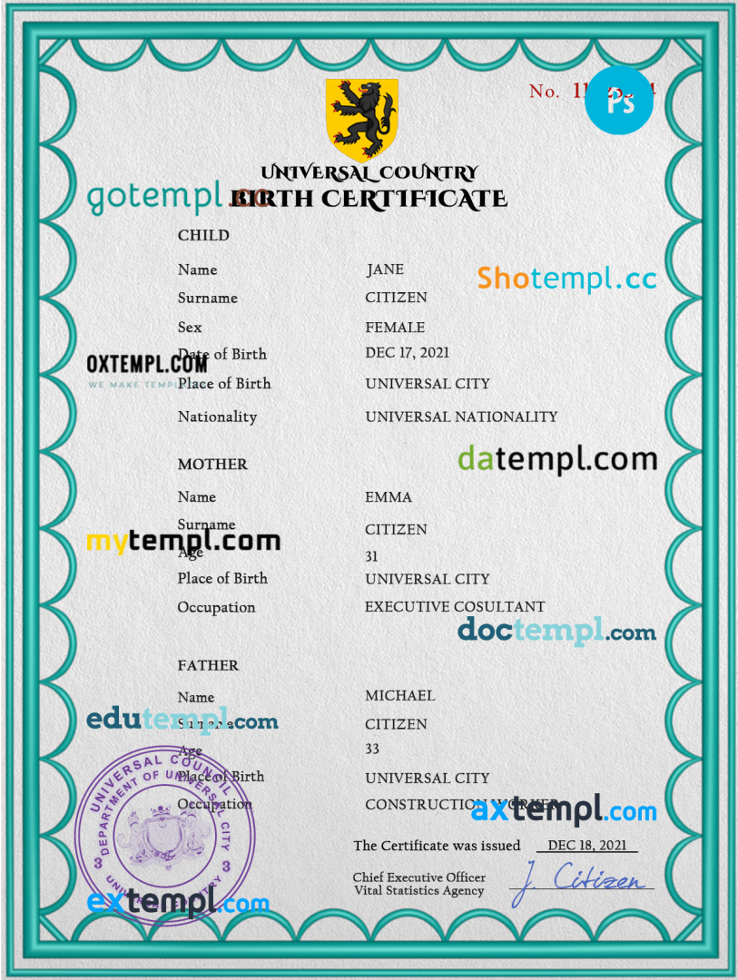 # action universal birth certificate PSD example, fully editable