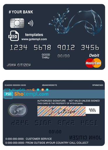 # action water universal multipurpose bank mastercard debit credit card example in PSD format, fully editable