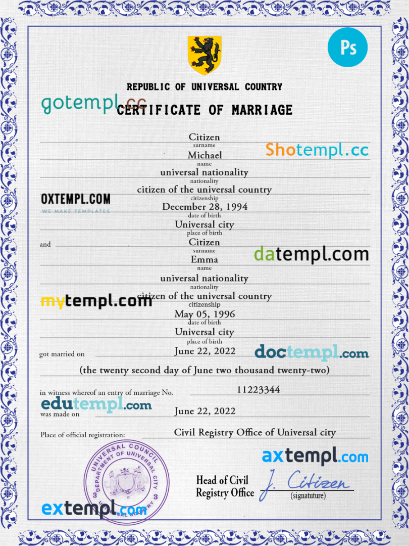 # acute project universal marriage certificate PSD example, completely editable