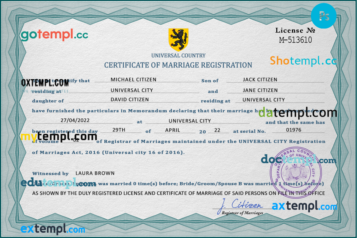 # affection universal marriage certificate PSD example, completely editable