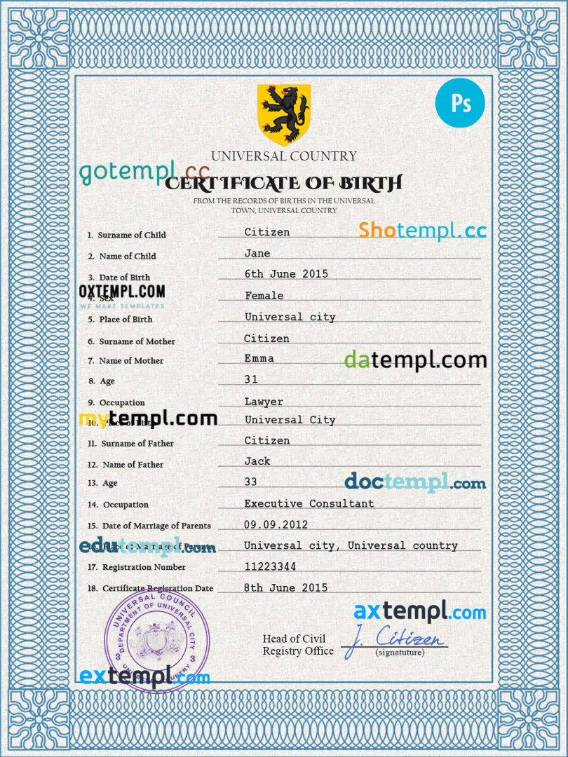 # alpha awards universal birth certificate PSD example, completely editable