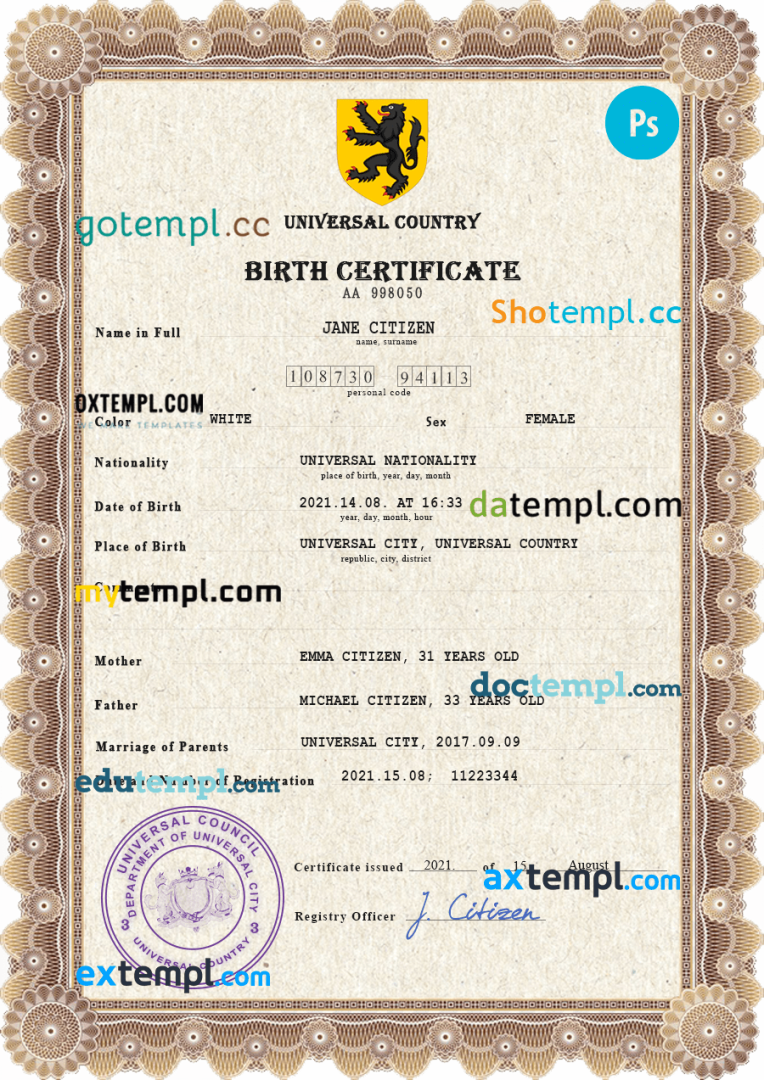 # ammo universal birth certificate PSD example, completely editable
