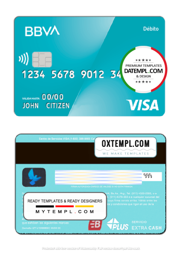 Argentinian BBVA bank visa debit card example in PSD format, fully editable, with all fonts