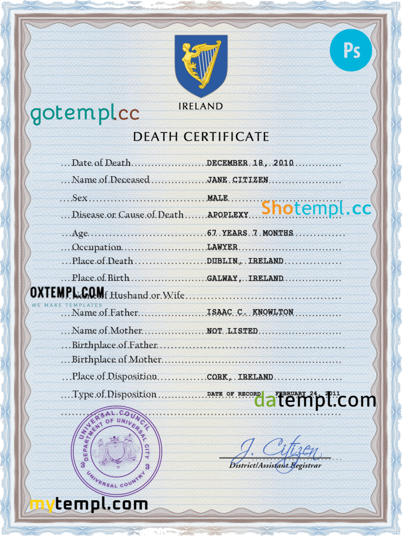 # arms vision vital record download death certificate universal PSD example