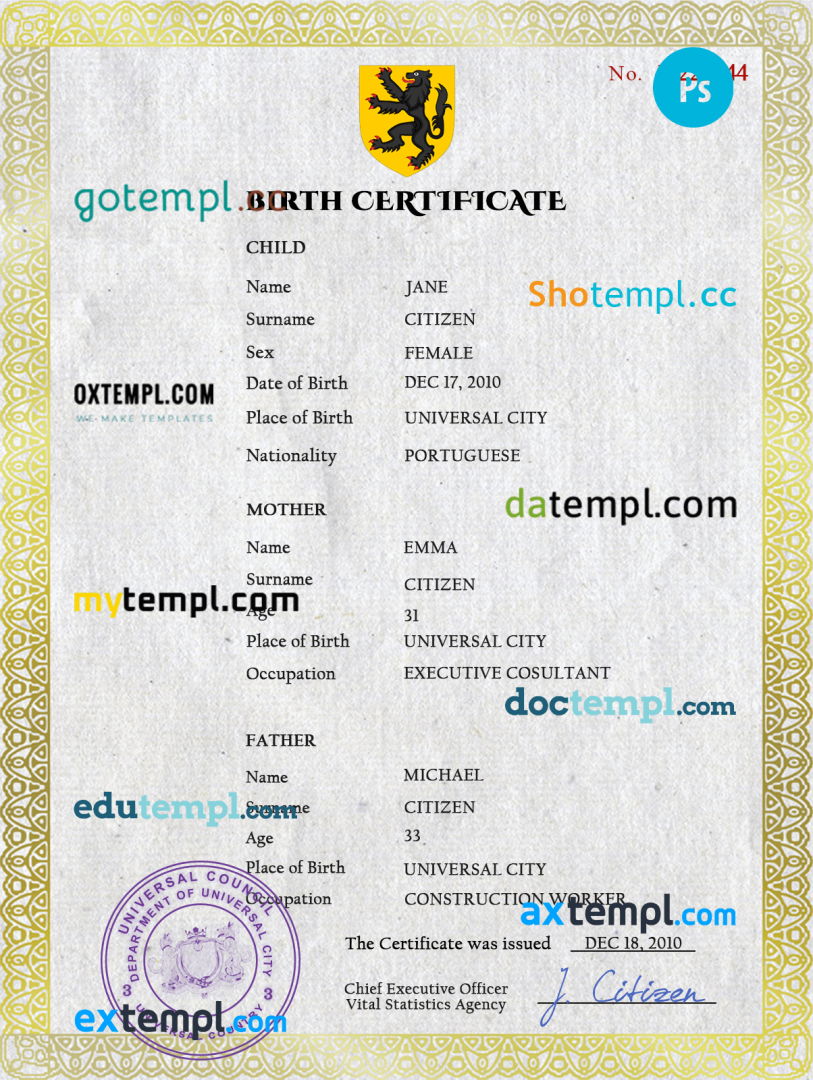 # benefits universal birth certificate PSD example, fully editable
