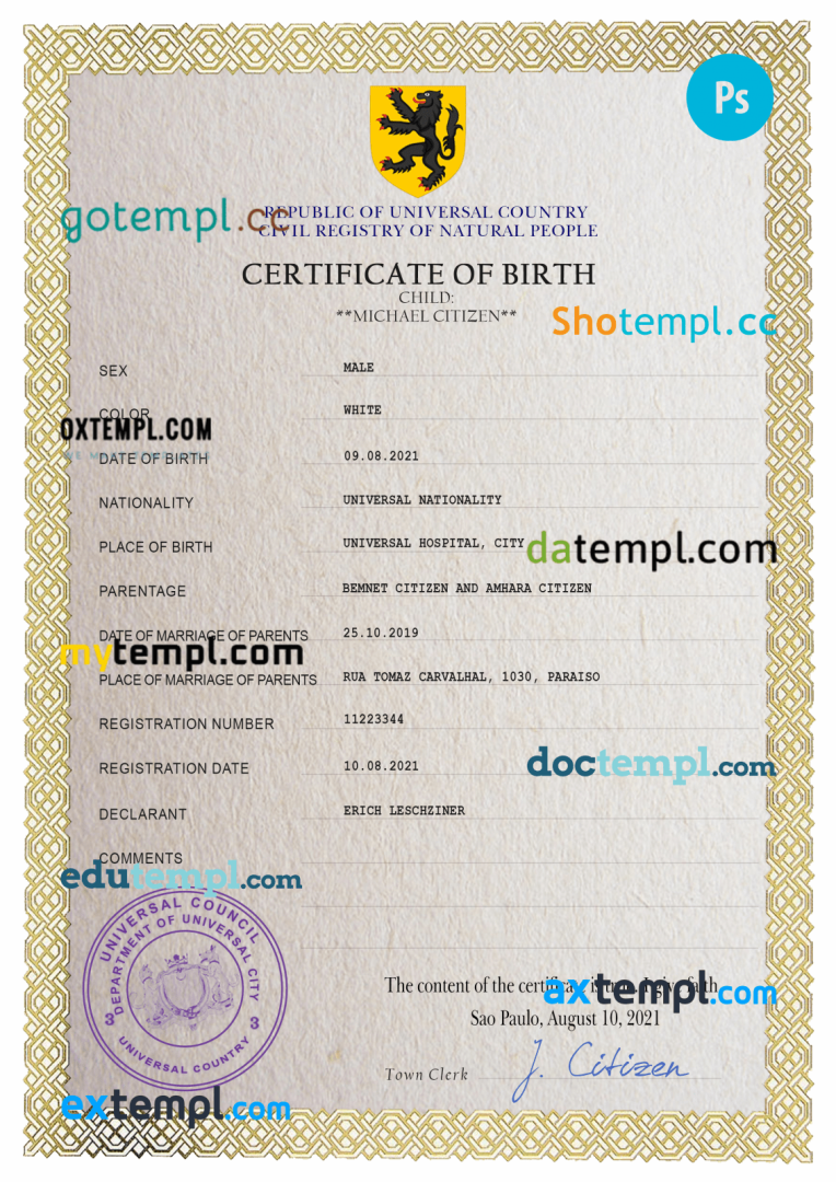 # birthbia universal birth certificate PSD example, fully editable