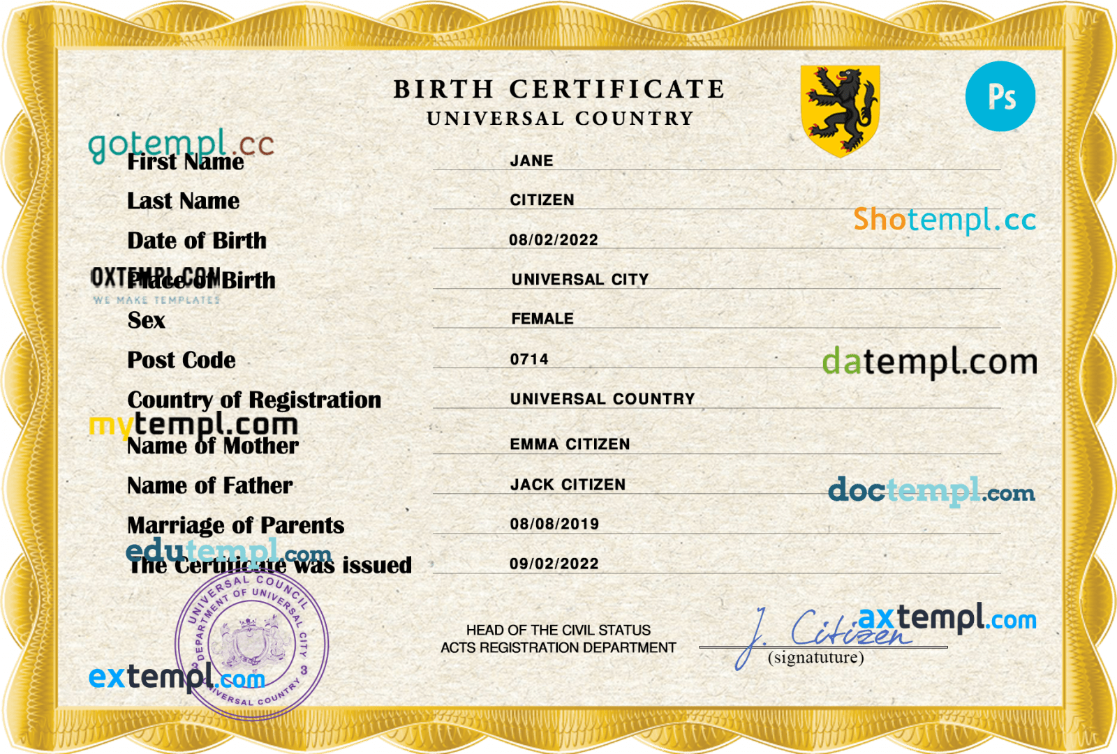 # birthverse universal birth certificate PSD example, completely editable