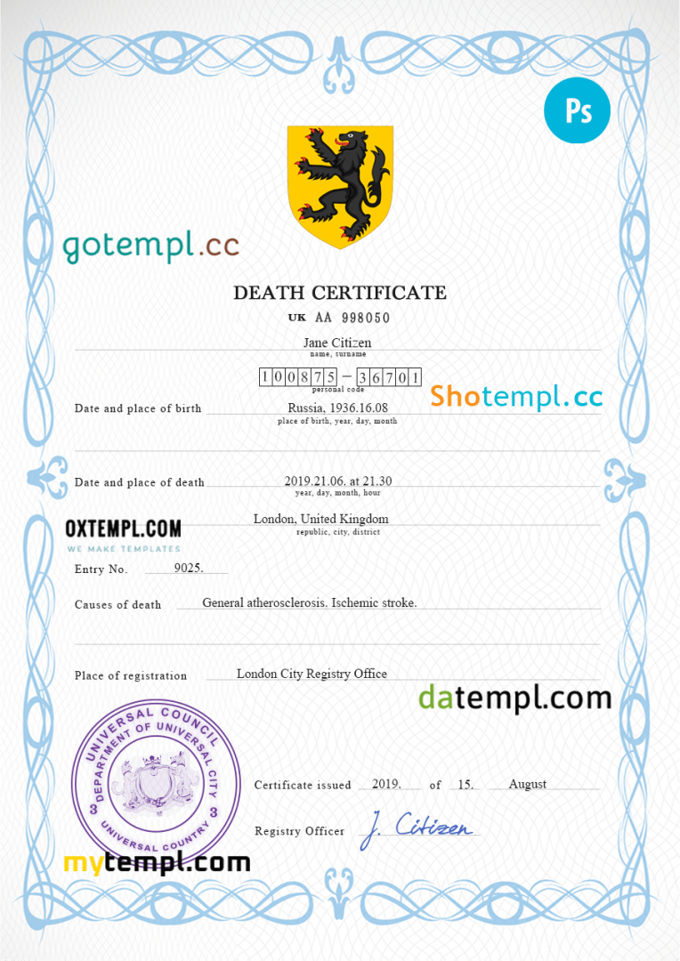 # blackout death universal certificate PSD example, completely editable