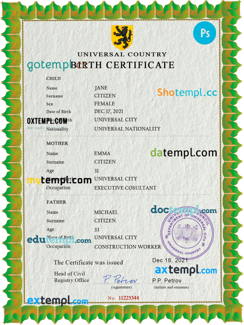 # bold universal birth certificate PSD example, fully editable