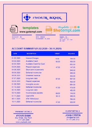 # bright blue universal multipurpose bank statement 3 - 6 months example in Word format