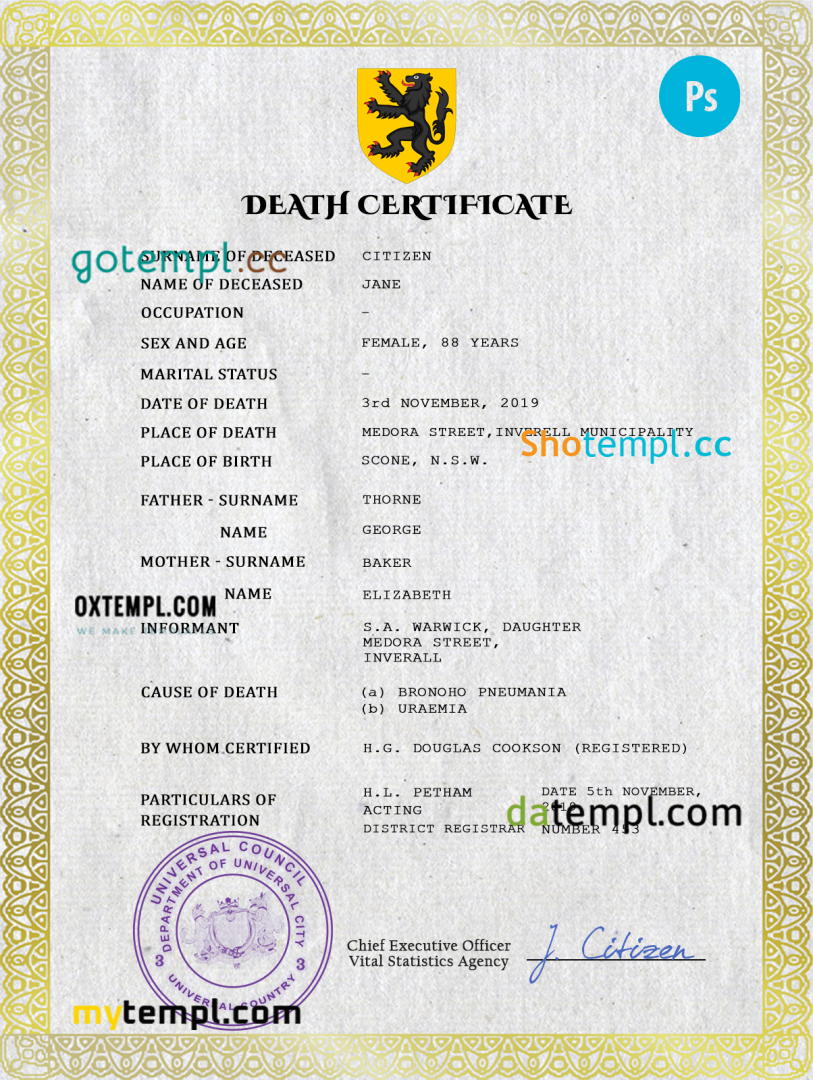 # broadcast death universal certificate PSD example, completely editable