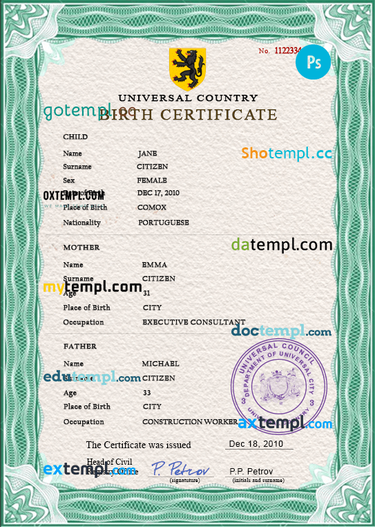 # broadcast variety universal birth certificate PSD example, completely editable