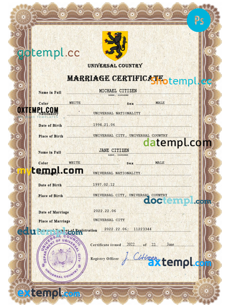 # ceremony universal marriage certificate PSD example, completely editable