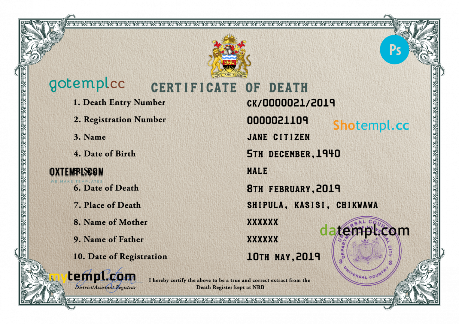 # certificate dominate death universal certificate PSD example, completely editable
