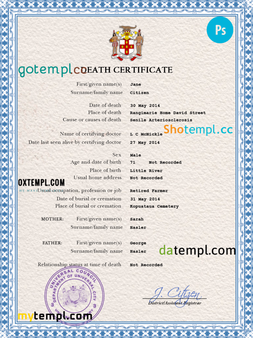 # certificate leader death universal certificate PSD example, completely editable