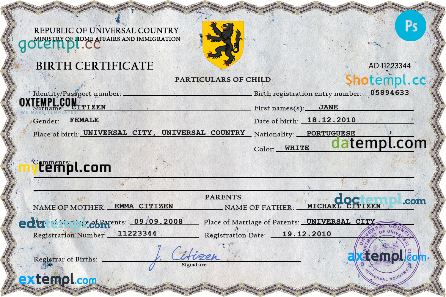 # champion vibe universal birth certificate PSD example, fully editable