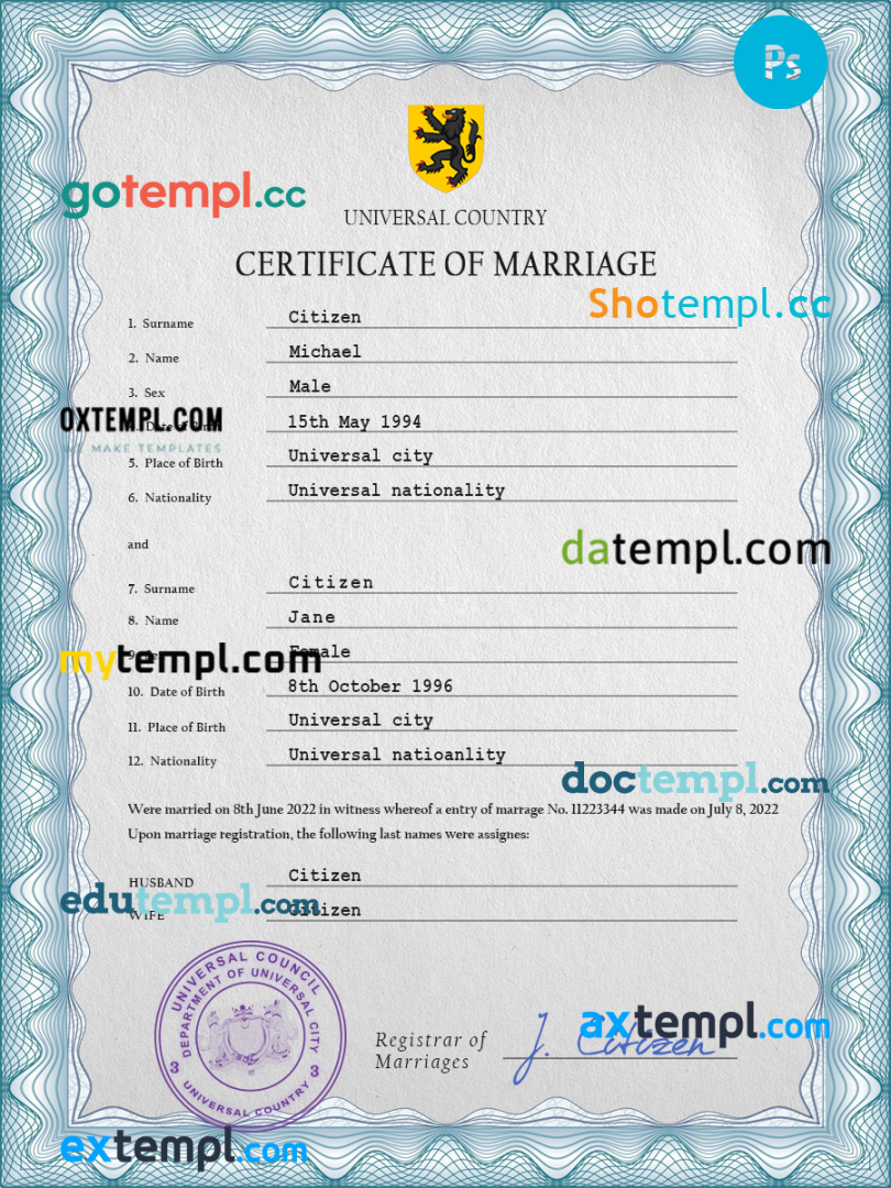 # cherish universal marriage certificate PSD example, completely editable