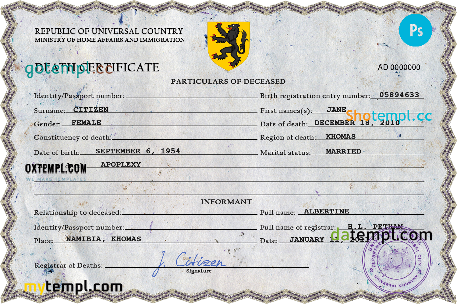 # click vital record download death certificate universal PSD example