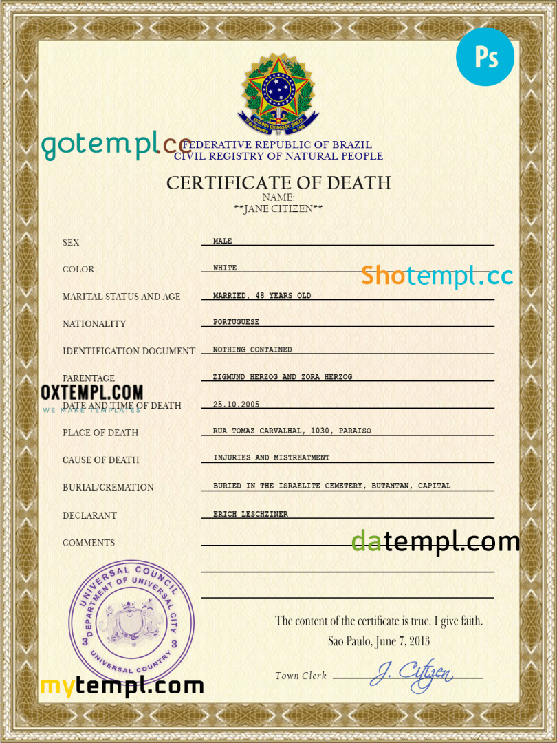 # coat super vital record download death certificate universal PSD example