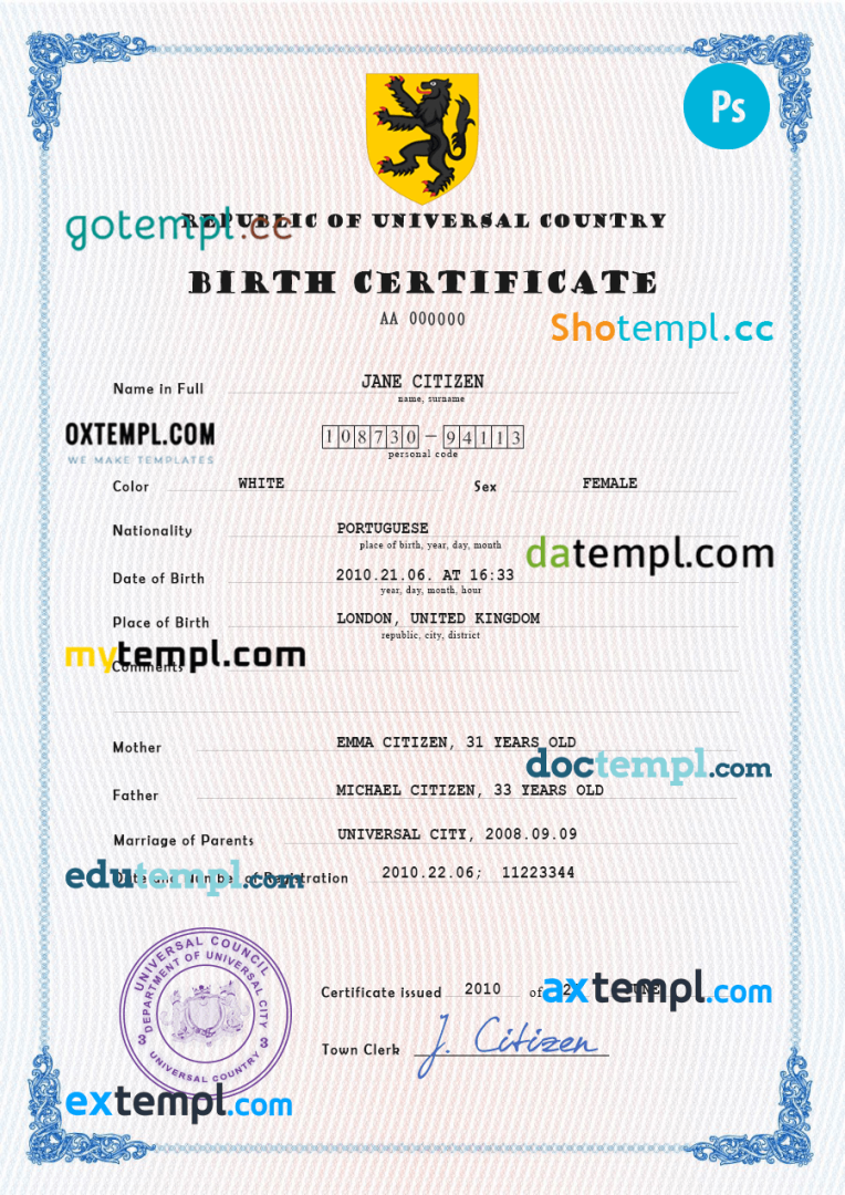 # core tide universal birth certificate PSD example, fully editable