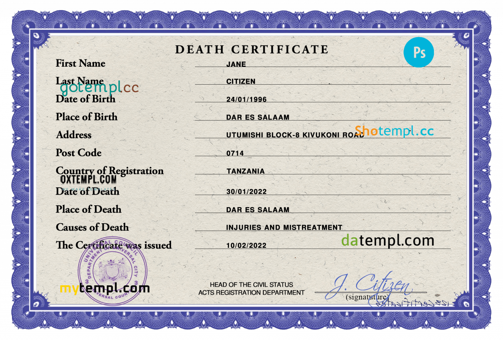 # death solutions death universal certificate PSD example, completely editable