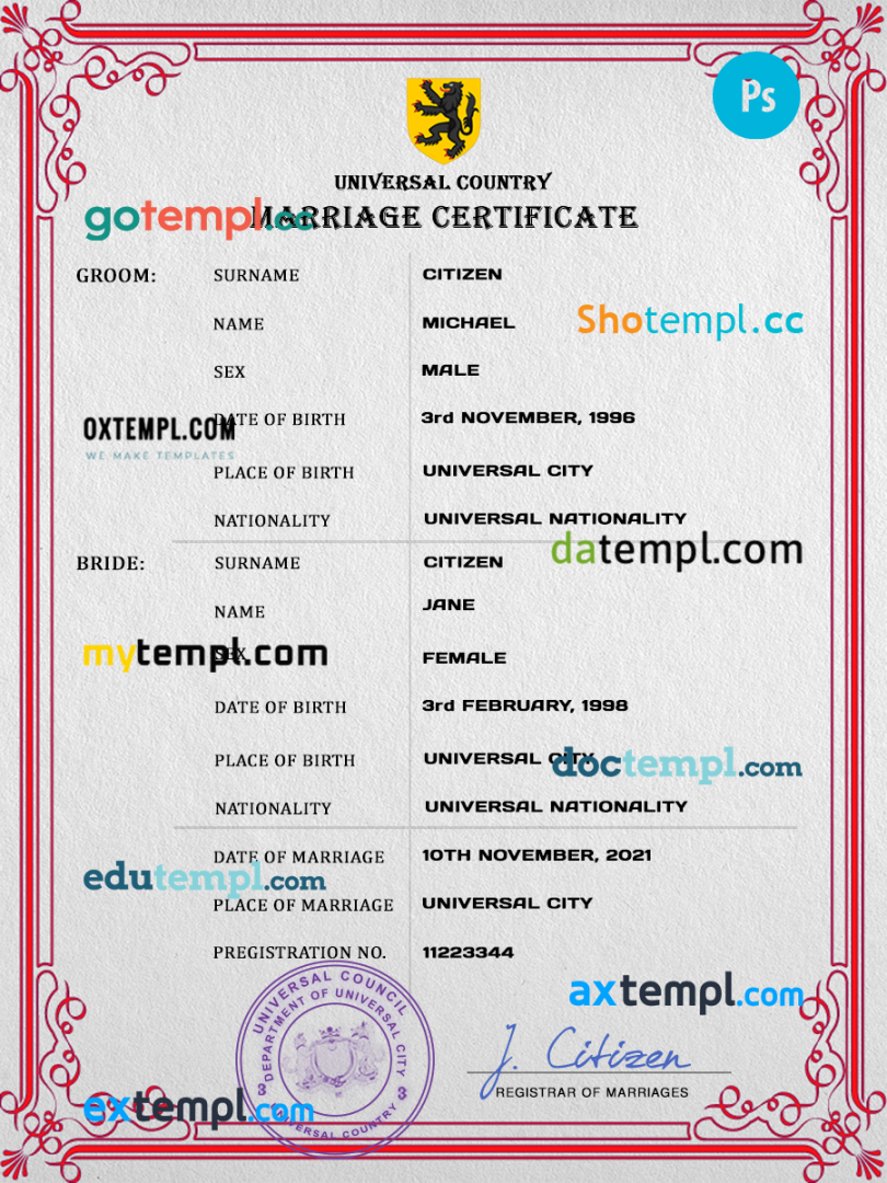 # delight universal marriage certificate PSD example, fully editable