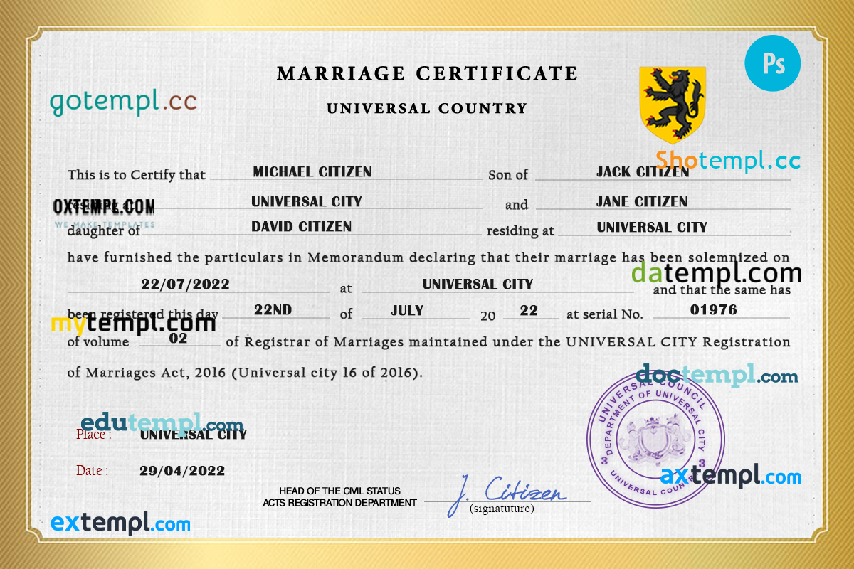 # destiny universal marriage certificate PSD example, completely editable