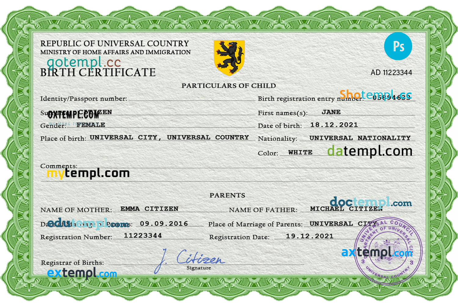 # dime project universal birth certificate PSD example, completely editable