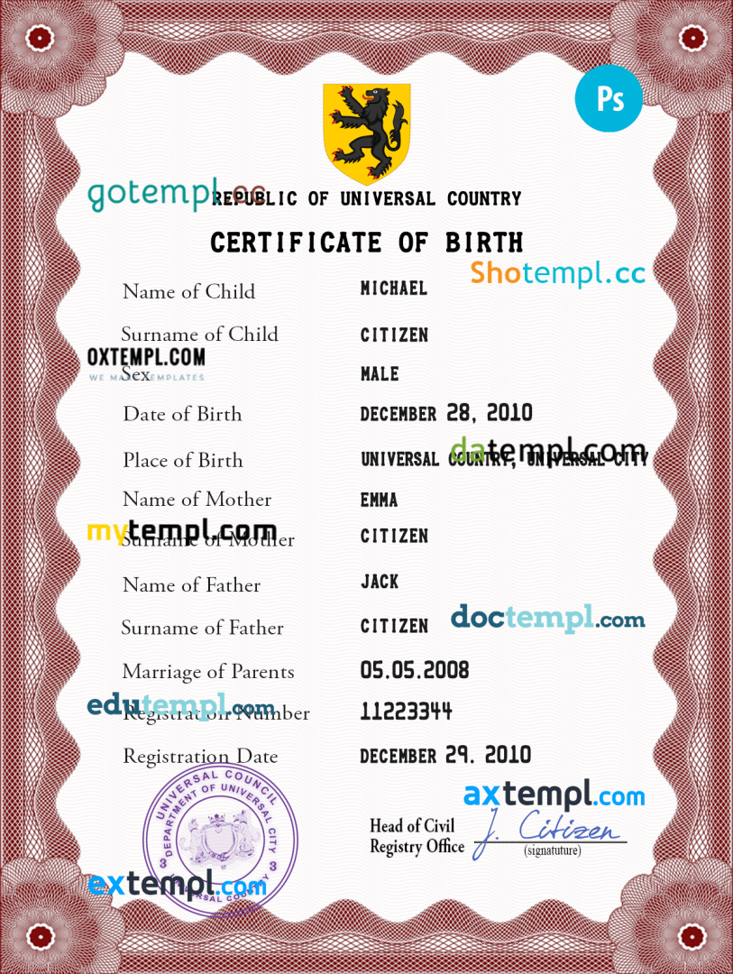 # disclosure universal birth certificate PSD example, fully editable