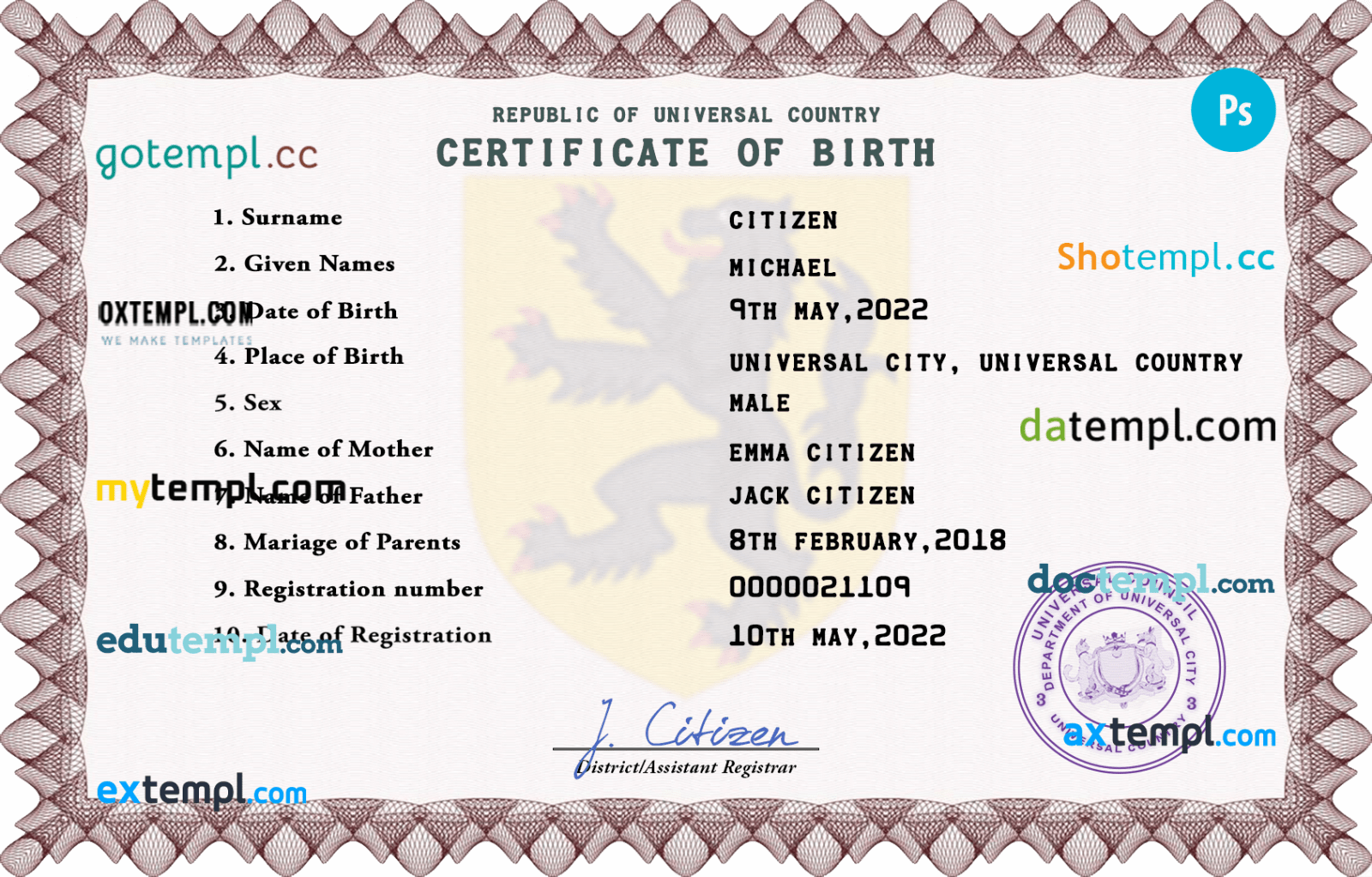 # discover universal birth certificate PSD example, fully editable